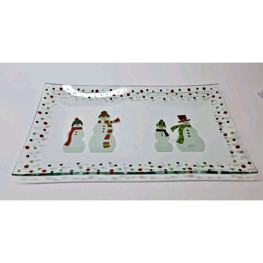 Pampered Chef Snowman-Dots Divided Serving Platter Clear Glass Original Box